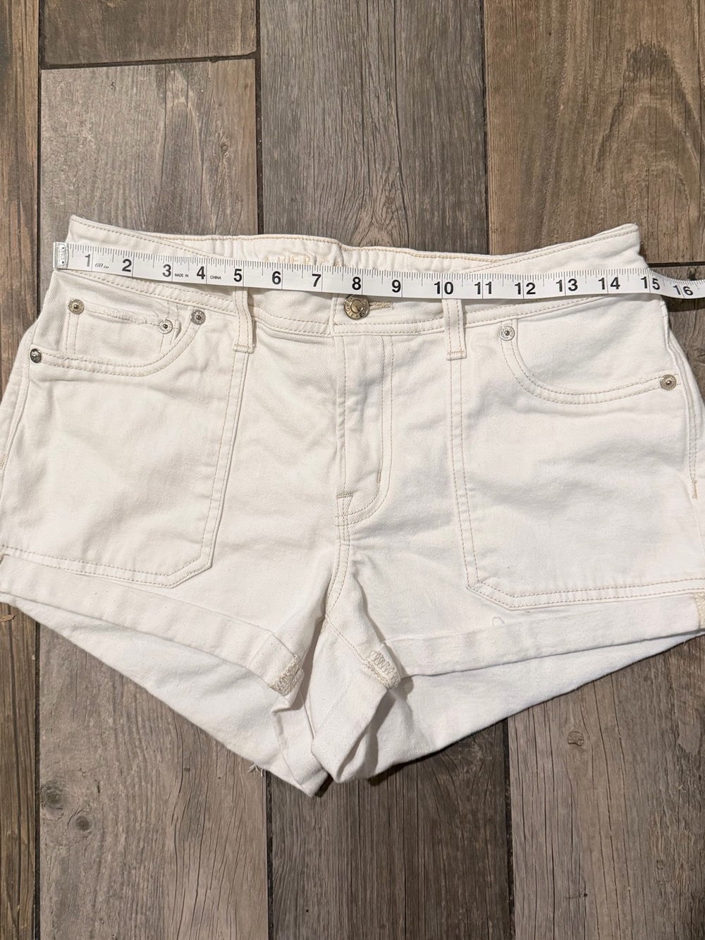 AE White Women's Denim Shorts with Tan Stitching - Picture 1 of 5
